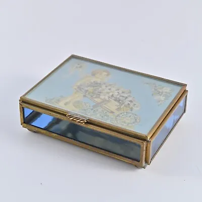 Vintage Via Vermont Jewelry Box Etched Blue Glass Mirror Brass Angel Trinket Box • $9.99