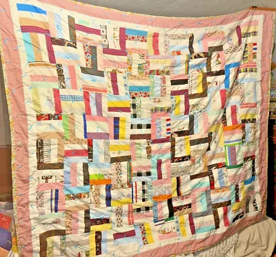 Vintage Mid-Century Log Cabin Patchwork Knotted Quilt ~88  X ~84  • $39.95