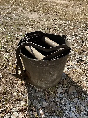 Vintage Wood Wheel Metal Mop Bucket • $40