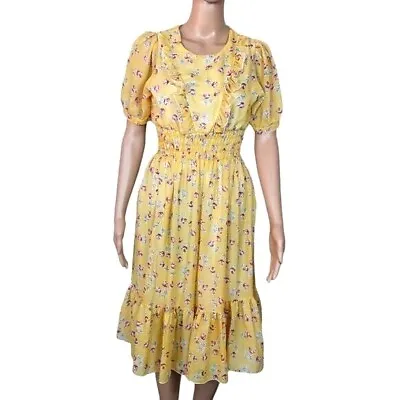 Vintage Floral Midi Dress Sze 10 Yellow Peasant Prairie  Ruffled Hem Tiered 80's • $39.37