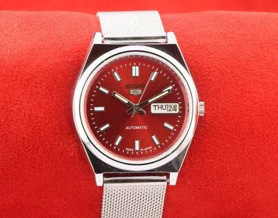 Vintage  Seiko 5 Cherry Red Dial Automatic Japan Men Working Wrist Watch 37.5mm • $65