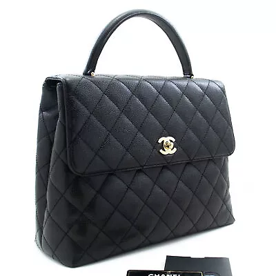 CHANEL Caviar Handbag Top Handle Bag Kelly Black Flap Leather Gold L94 • $5641