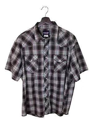 Vintage Wrangler Men Plaid PEARL SNAP Short Sleeve Shirt XL Black White Teal • $17
