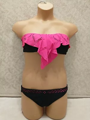 Apollo Women Swim Bikini. Pink And Black Laser Cut Ruffle Flounce. Size Medium • $9