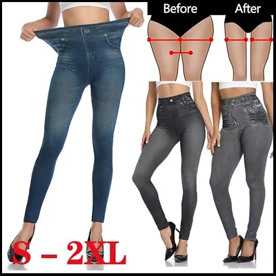 UK Women High Waist Skinny Pants Faux Denim Leggings Jeans Pencil Pants Jeggings • £12.79