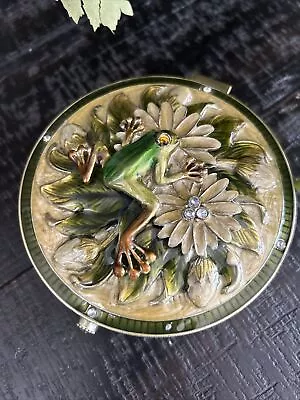 Vintage Enamel Jeweled Frog Jewelry Box Dresser Vanity Trinket 3-D Floral Mirror • $22.50