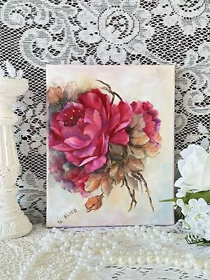 Gorgeous Deep Cranberry Roses Oil 8 X 10 Canvas Antique Vintage Style Original • $58