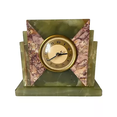 Vintage 1930's Art Deco Green Onyx & Marble Mantle Clock - Works Great • $225