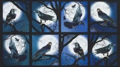 Halloween Raven Moon Raven Square Panels Blue 100% Cotton Print Fabric • £11.99