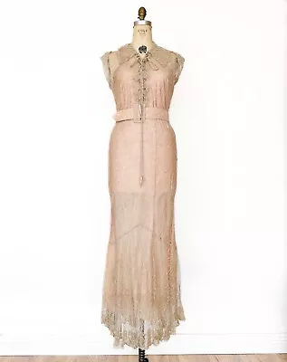 Rare 1930s 30s Sraeel & Jabaly Couture Sheer Lace Rhinestone Bias Cut Dress Gown • $178