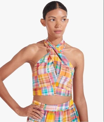 $6.95 • Buy NWT STAUD Kai Patchwork Plaid Cotton Halter Crop Top Multi SZ 2 $235