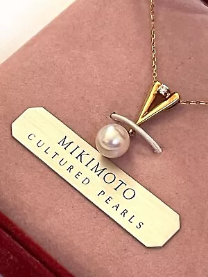 MIKIMOTO Akoya Pearl 7.00mm Diamond K18 Yellow Gold Pendant Necklace With Box • $409.99