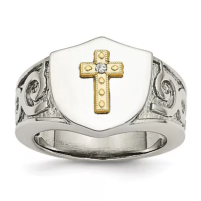 Chisel Stainless Steel Polished With 10K Gold Cross And .02 Carat Diamond Ring S • $131.43