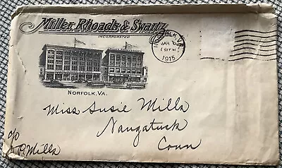 Vintage Cover Envelope Miller Rhoads & Schwartz Norfolk Virginia 1915 Trolley • $9.90