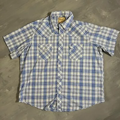 Wrangler Western Mens Shirt Snap Button Sz 2XL Blue Plaid Metallic Short Sleeve • $17.45