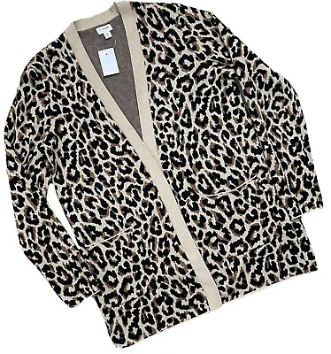 J. Crew Women's Leopard Open Front Cotton Cardigan Sweater Pockets Size M • $49