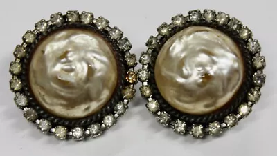 Original Vintage HAR Faux Abalone W/Rhinestones Clip Earrings • $24.99