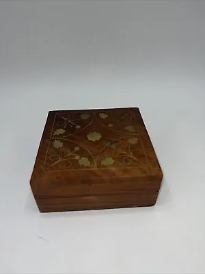 Trinket Jewelry Box Mahogany Wood W Brass Floral Vine Inlay India 3 1/4” • $10