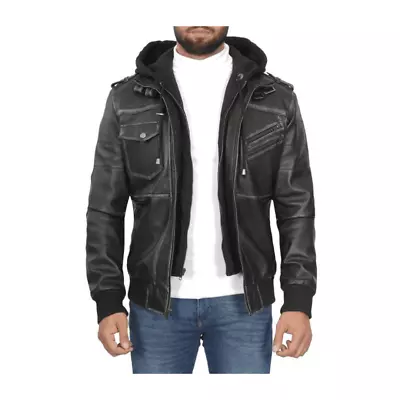 Waxed Black Hooded Bomber Jacket Mens With Epaulets Black Leather Bomber Jacket • $140.90