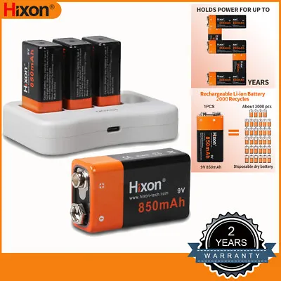 Hixon 9V Rechargeable Lithium Ion Batteries 850mAh & 9V Battery USB Charger LOT • £70.27