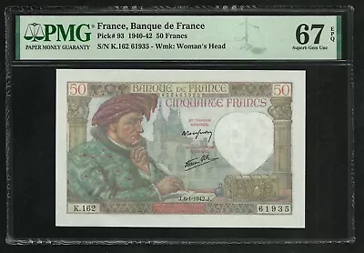 France : 50 Francs Jacques Coeur (8-1-1942) ; PMG : Superb Gem UNC 67 ; EPQ • £160.62