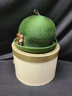 Vintage Mr. John Classic Soleil Green Wool Ladies Bowler Hat With Box • $50