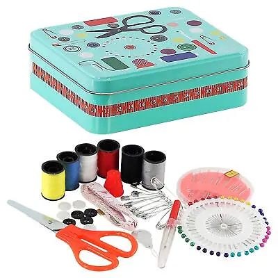 Metal Sewing Box Kit Sewing Case Set Accessories Needles Scissors Thimble Pins • £6.89