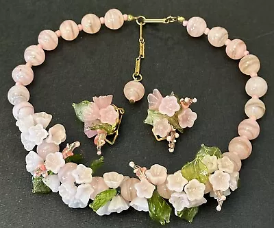 Vintage Pinks Italian Venetian Glass Molded Flower Necklace & Clip On Earrings • $290