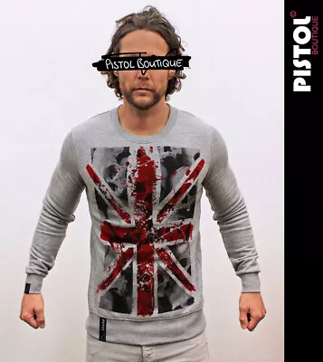 Pistol Boutique Men's Grey UNION JACK BLOOD SKULLS Sweatshirt Jumper SALE • £16.20