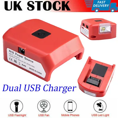 UK Dual USB Charger For 18V-21V Milwaukee M18 Battery Adapter W/ LED Work Light • £13.91