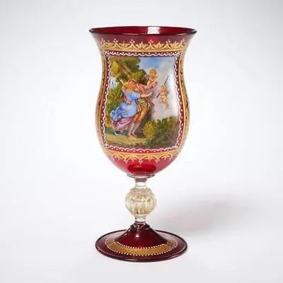 Murano Ruby Red Hand Painted Wine Goblet Glass After Fragonard Il Giuramento • $240