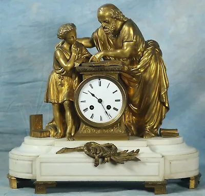 Antique French Gilded Bronze & White Carrara Marble Clock - Teacher And Student • $1000