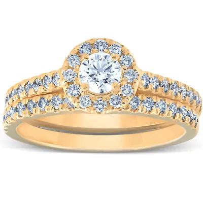 G/SI 1 Ct Diamond Engagement Halo Wedding Ring Set 14k Yellow Gold Lab Grown • $599.99