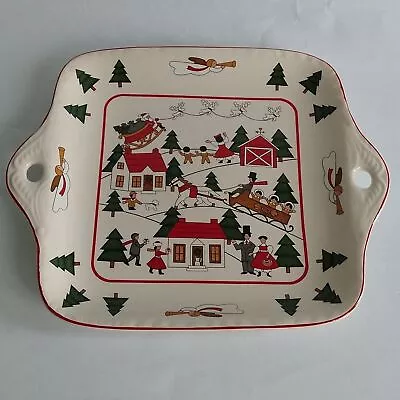 Vintage Masons Christmas Village Square Cake Plate Tab Handles Platter • $64.99