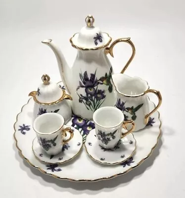 Vintage Mini Ceramic Tea Set With Purple Flower Hummingbird Gold Tone Trim • $24.99