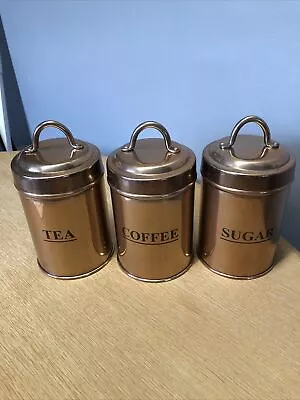 Copper Coloured Metal Kitchen Storage Canisters Tea Coffee And Sugar • £11.99