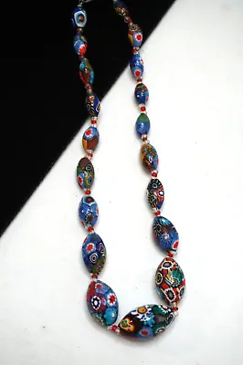Vintage Millefiori Necklace Venetian Murano Glass Beads Graduated Sterling Clasp • $89.99