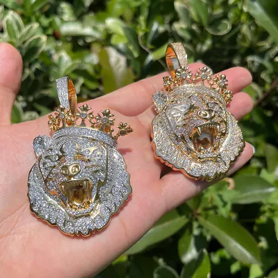 Mens King Of Kings Roaring Lion Head Crown Iced Blinged Out Hip Hop Pendants • $42.99