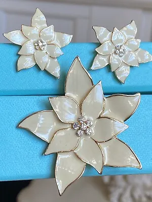 Vintage Eisenberg Ice Brooch Pin & Earrings Enamel Rhinestone Poinsettia Flowers • $65