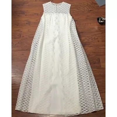 Vintage 60's 70's Ivory Bone White With Silver Lace Gown Classic Wedding Lace To • $67