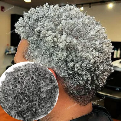 Men's Toupee Thin Skin Human Hair System 15mm Afro Curly V Looped Grey Unit Wig • $170