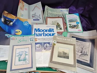 Cross Stitch Chart Bundle -moonlit Harbour/fisherman/hikers/pacman/shark/sailing • £14.99