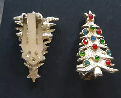 CLIP ON Christmas Tree Earrings (vintage) Gold W/green/red/blue Crystal Ornament • $7