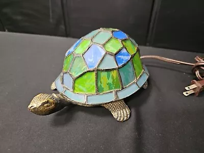 Vintage Stained Glass Turtle Table Lamp Tiffany Style Electric Green Brown Blue • $39.95