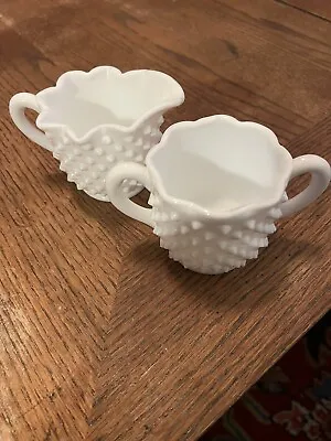 Vintage Fenton White Milk Glass Hobnail Sugar And Creamer Set With Ruffled Edge • $15.50