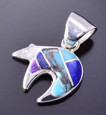 Silver & Turquoise Multistone Navajo Inlay Bear Pendant 4B21V • £94.07