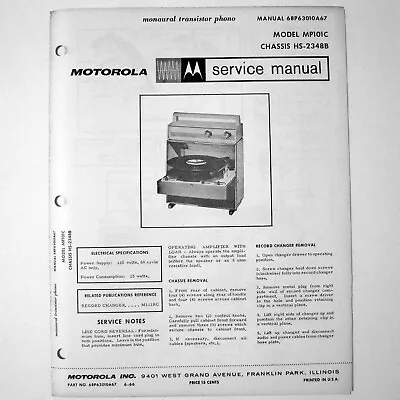 Motorola ® Model MP101C Portable Record Player Service Manual © 1966 • $4.70