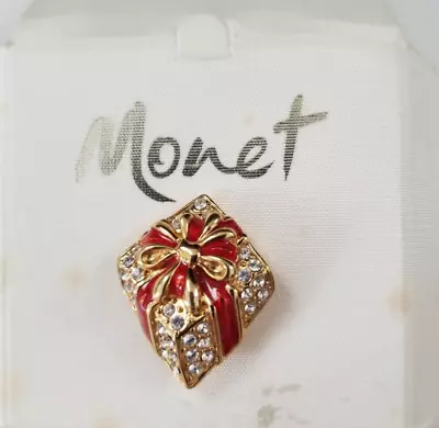 Monet Gold Tone Present Brooch - Pin Christmas Gift Box  • $11.95