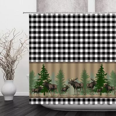 Deer Plaid Shower Curtain Rustic Buffalo Check Elk Moose Pine Tree Forest Cou... • $9.60