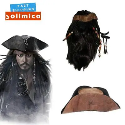 Pirates Of The Caribbean Captain Jack Sparrow Cosplay Brown Wig Hat Beard Prop • £10.69